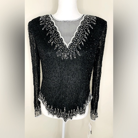 NWT Chaudry Women Silk Beaded Evening Top Blouse Size Medium - Picture 1 of 9